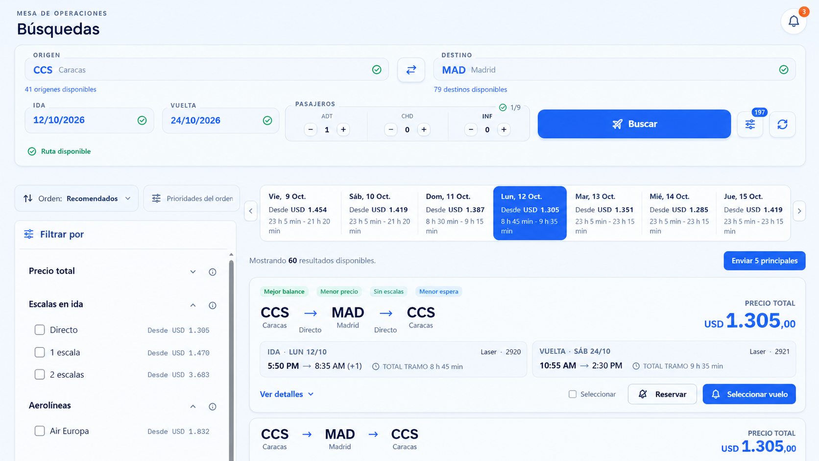 Metabuscador de Intelifly mostrando vuelos de Kiu y Sabre con calendario de fechas flexibles